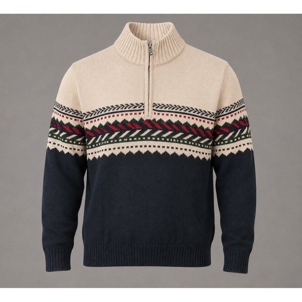 Weatherproof Vintage Mens Fair Isle Quarter Zip‎ Cotton Holiday Sweater Blue L